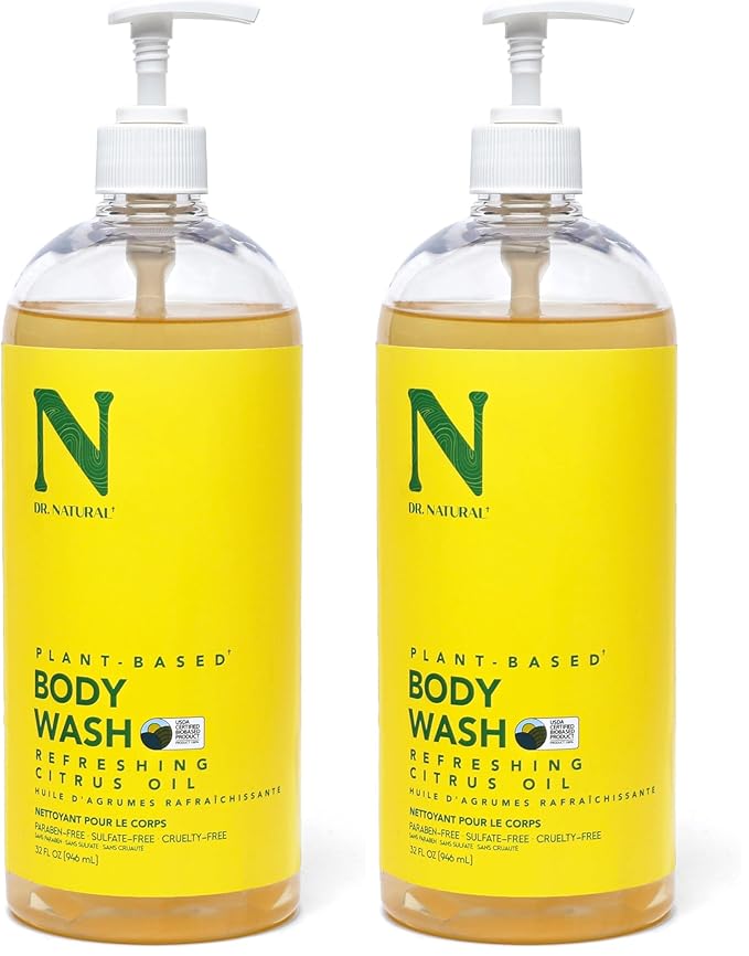 Dr. Natural Body Wash, Citrus, 32 oz - Moisturizing Body Wash for Dry Skin - Pure Plant-Based - with Organic Shea Butter - Hypoallergenic (Pack of 2)