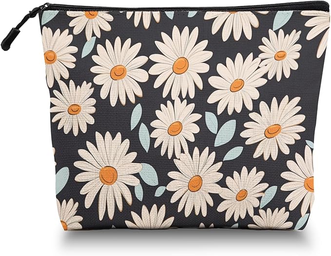 Cosmetic Bags Travel Makeup Toilet Case Waterproof Pouch for Women Girls 6.7X9.45inches - Daisy Pattern With Light Blue Leaves on Black