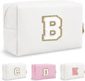 Small Initial Preppy Makeup Bag Organizer, White Cute Chenille Letter Cosmetic Zipper Pouch Toiletry Bags for Traveling, Waterproof PU Makeup Pouch Personalized Gifts for Bride Bridesmaid(Letter B)