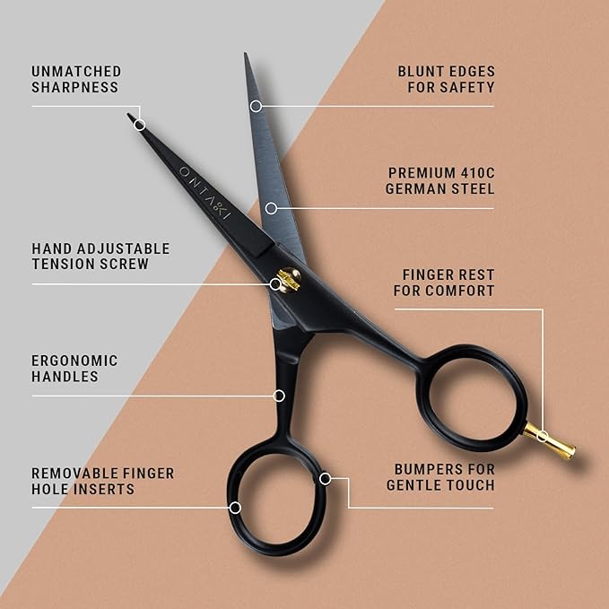 Ontaki Professional Beard Scissors for Men - 5 in Hand-Forged Black 410C German Steel - Includes 2 Combs & PU Pouch - Beard & Mustache Grooming Kit