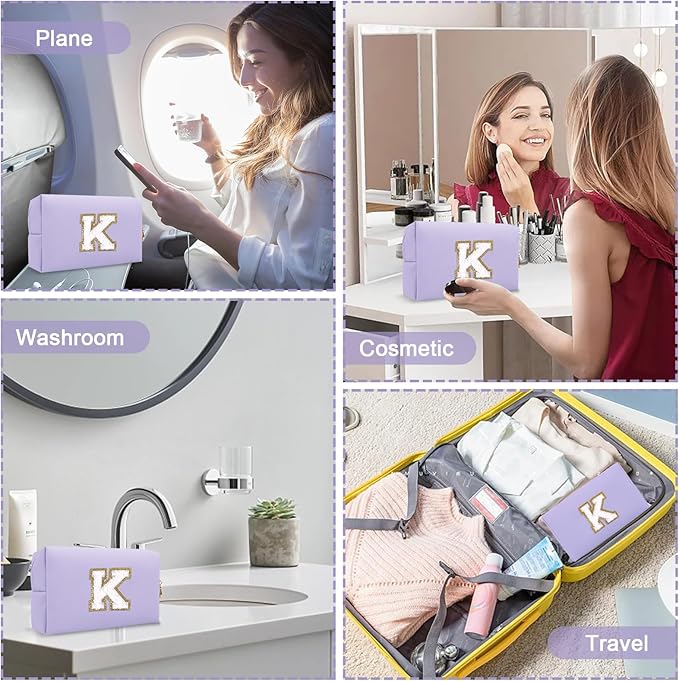 Personalized Small Preppy Makeup Bag, Chenille Letter Purple Initial Travel Toiletry Organizers Cosmetic Zipper Pouch Purse, Waterproof PU Make Up Case Travel Essentials for Women Friendship(Letter K)