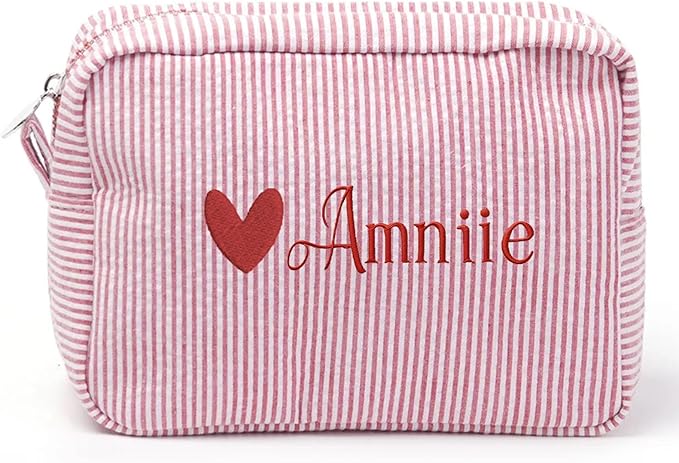 Custom Makeup Bag Personalized Cosmetic Bag Cute Seersucker Travel Toiletry Bag for Women Embroidered Bag Organizer for Bride Makeup Bag Gift Red