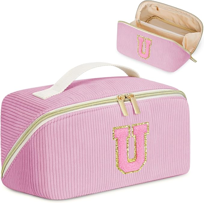 Personalized Initial Makeup Bag,Christmas Gifts for Girl,Preppy Bag Cosmetic Travel Bag Women,Travel Toiletry Organizer,Large Capacity Corduroy Stuff Bag,Cute Cosmetic Pouch Skincare Bag-U