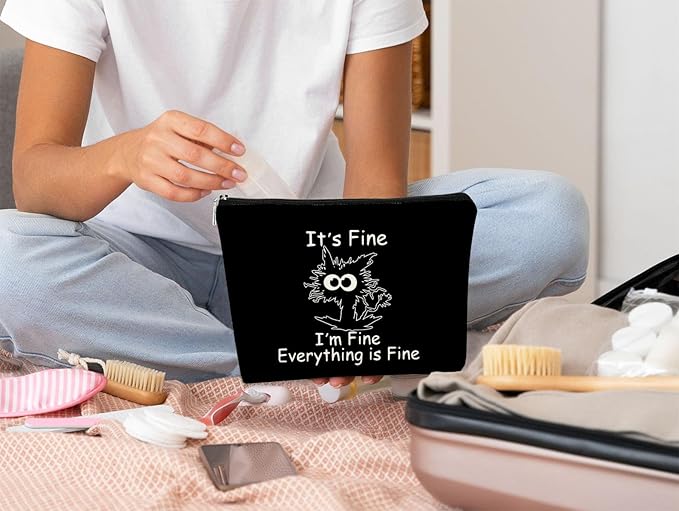Funny Cute Cat Makeup Bag,Cat Lover Gifts For Women,Its Fine Im Fine Everythings Fine,Black Cat Cosmetic Bag Small Pouch,Birthday Gift,Coworker Gifts(Black)