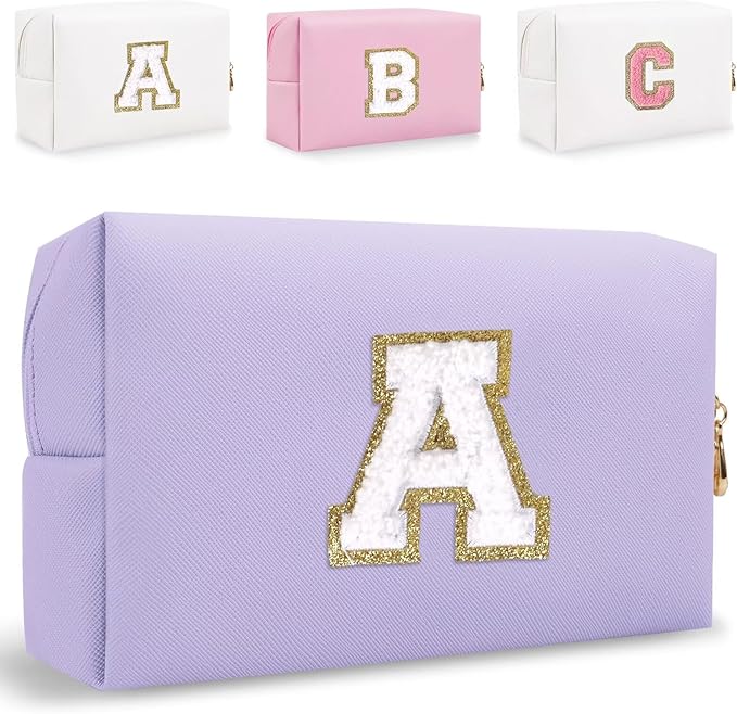 Small Personalized Letter Makeup Bag, Cute PU Leather Chenille Letters Cosmetic Bag Travel Makeup Pouch, Preppy Travel Organizer Zipper Pouch for Women&Girls（Purple-A）