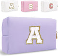Small Personalized Letter Makeup Bag, Cute PU Leather Chenille Letters Cosmetic Bag Travel Makeup Pouch, Preppy Travel Organizer Zipper Pouch for Women&Girls（Purple-A）