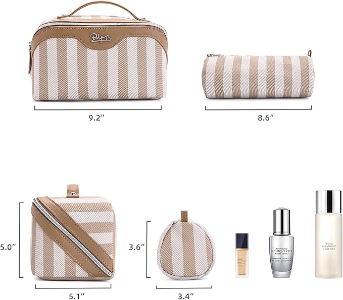 BOYATU Travel Makeup Bag for Women: Large Cosmetic Bag Set of 3 - PU Leather Make up Bag with Compartments - Compact Waterproof Toiletry Bag with Divider & Handle (B-6-Khaki)