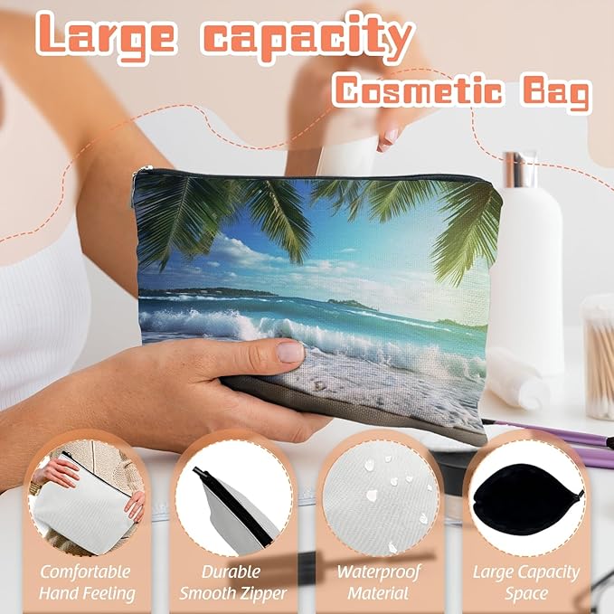Makeup Bag Travel Cosmetic Bags Small Makeup Case Waterproof Zipper Pouch for Women Girls 7X9inches - Tropical Beach Scenery with Palm Trees