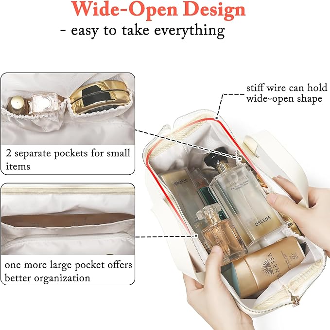 Travel Makeup Bag, Large Wide-open Cosmetic Bag Make Up Organizer Case for Women, Waterproof PU Leather Toiletry Bag Skincare Pouch for Toiletries Accessories Brushes