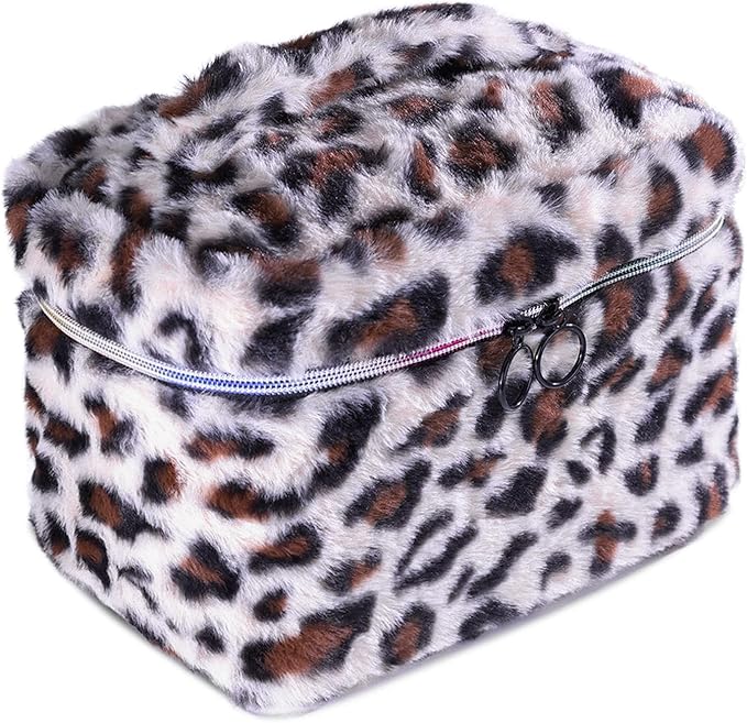 Plush Travel Makeup Bag Toiletry bag for Women Soft Fluffy Cosmetic Bag Portable Foldable (Beige Leopard)
