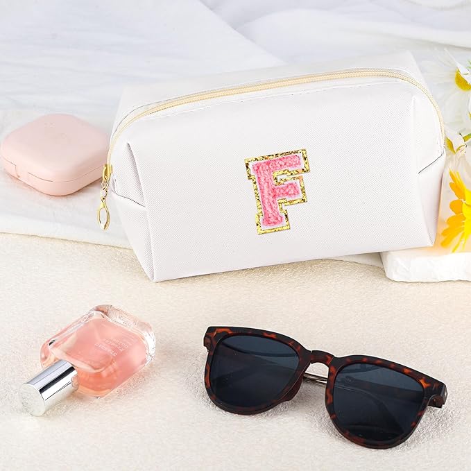 Initial Makeup Bag Personalized Preppy Travel Small Cosmetic Bag Cute PU White Chenille Letter Makeup Pouch for Purse Waterproof Zippered Toiletry Organizer for Women Girls Kids Friends (F)