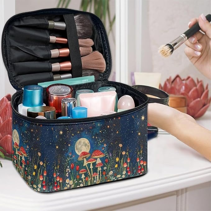 Vintage Mushroom Moon Starry Night Print Makeup Bag for Women Ladies Portable Cosmetic Bag with Zipper and Carry Handle Make Up Tote Bags Toiletry Case Organizer