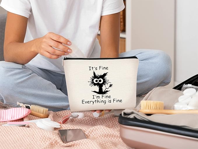Cat Makeup bag It's Fine Everything is Fine Inspirational Funny Cat Kitten,Cosmetic Bag Zipper Travel Toiletry Bag Best Gift Idea for Cat Lovers Teen Girls,Cat Owners Gifts,Birthday Gift