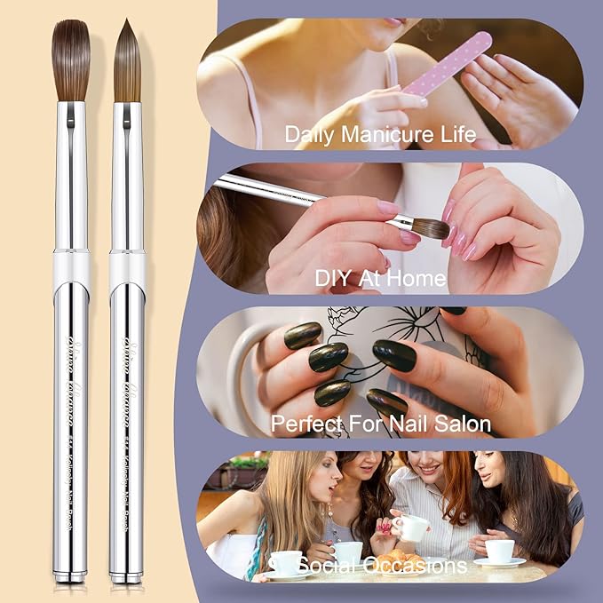 Acrylic Nail Art Brush Size 14, 100% Pure Kolinsky Hair Oval for Application, Professional Extension Manicure Tool Striping Drawing Pen DIY Home Salon, Silver, 1.0 Count