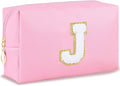 Gifts for Teacher Initial Makeup Bag Personalized Cosmetic Bag Cute Travel Toiletry Bag Small Chenille Letter PU Makeup Pouch Organizer Preppy Birthday Gift for Daughter Teen Girls (Pink J)