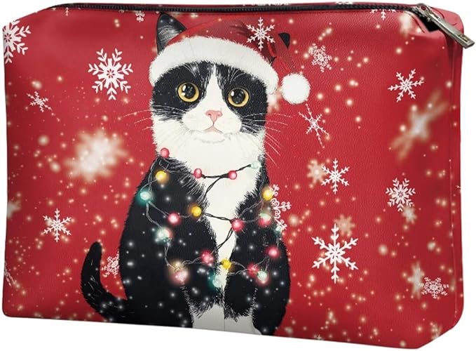 COEQINE Christmas Lights Cute Cat Makeup Bag Small Organizer Red Snowflake Leather Cosmetic Bag For Purse with Zipper Waterproof Artist Organizer Bag Cute Pencil Pouch