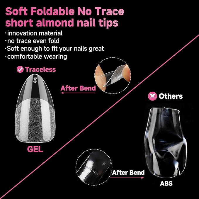 UNA GELLA Short Almond Nail Tips, 312pcs Short Almond Gel Nail Tips Shape Pre Etched Press On Nails Clear Acrylic Fake Nails No C Curve for Full Cover Nails Extension Home Art DIY Salon 12 Sizes