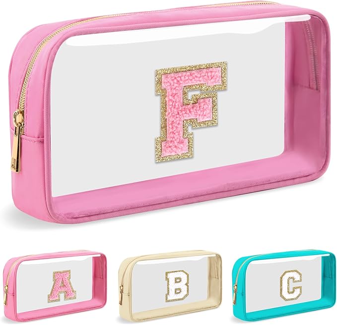 Personalized Initial Letter Clear Makeup Bag,Preppy Small Nylon&PVC Cosmetic Zipper Bag with Chenille Letter,Portable Beach Travel Skincare Toiletry Bag,Trendy Monogram Gift for Teen Girls Women,F