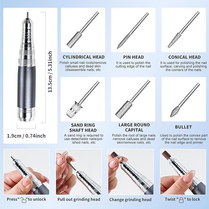 Professional Electric Nail Drill Kit White Portable Rechargeable Cordless Nail File Machine 35000 RPM with 7PCS Bits for Acrylic Gel Powder Nails Polish Pedicure Toenail Tool Salon Set