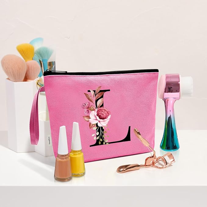 Vavabox A-Z Personalized Makeup Bag, Birthday Gifts for Women Mom, Gifts for Best Friend, Bride Bridesmaid Cosmetic bag (L, Peach)