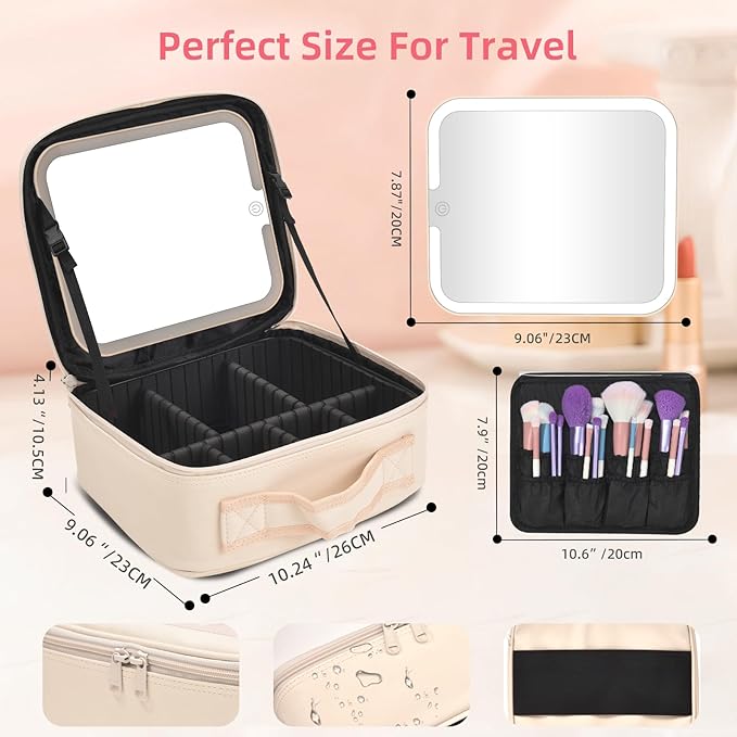 Travel Makeup Bag with LED Mirror,Removable Mirror with 3 Color Modes,Portable makeup travel organizer for Women,Makeup Case with 8 Adjustable EVA Dividers,Cosmetic Train Case with Lighted Mirror