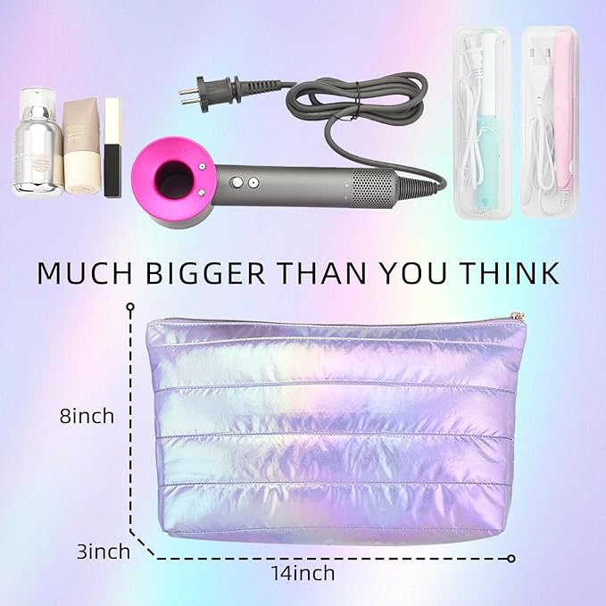 Hiroyuki Iridescent Quilted Makeup Bag, 3pcs Cute Makeup Bag Set, Large Capacity Cosmetic Organizer Travel Toiletry Pouch (plain, purple)