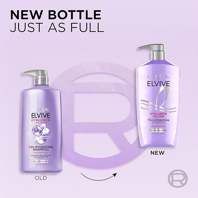 L'Oreal Paris Elvive Hyaluron Plump Shampoo and Conditioner Set for Dehydrated, Dry Hair with Hyaluronic Acid Care Complex, 1 Kit (2 Products)