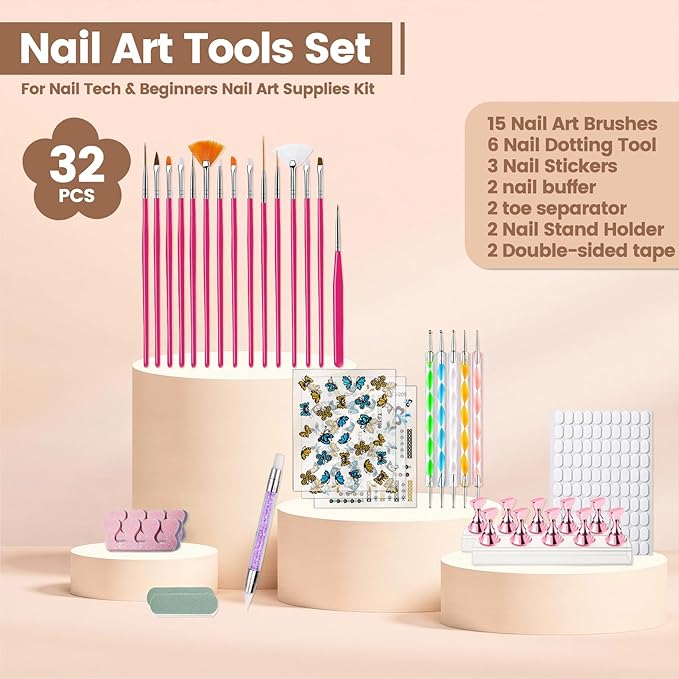 Nail Art Tools Set, 15 Nail Art Brushes 6 Nail Dotting Tool 3 Nail Stickers 2nail buffer 2 toe separator with Nail Stand Holder for Nail Tech & Beginners Nail Art Supplies Kit (Pink)