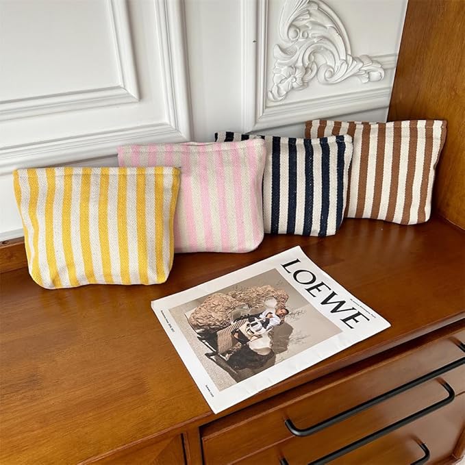 PAZIMIIK Makeup Bag Large Cotton Zipper Pouch for Purse Travel Canvas Make Up Organizer for Women Cosmetic,Stripe Coffee