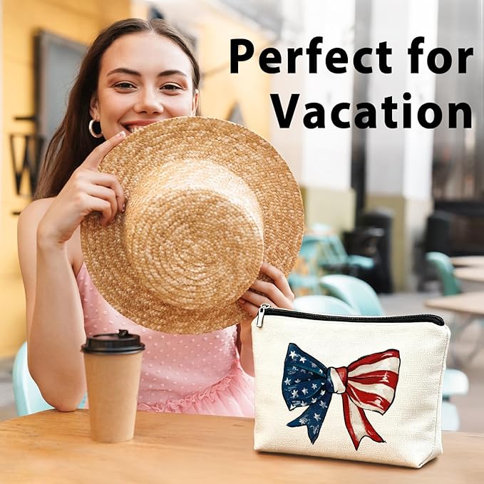 Coquette American Flag Bow Makeup Bag, Gifts for Patriotic Women Cosmetic Bag, Preppy Red White and Blue Bow Small Toiletry Bags Zipper Makeup Pouch