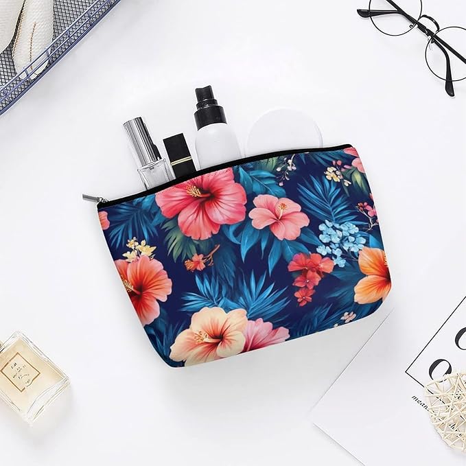 Travel Cosmetic Bag, Large Makeup Case, Toiletry Bag, Personality Fashion Zipper Cosmetic Case Tropical Hawaiian Colorful Hibiscus Flowers