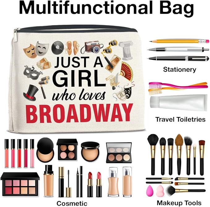 Broadway Gifts Makeup Bag Theater Gifts for Women Performer Cosmetic Bag Drama Gifts Just a Girl Who Loves Broadway Zipper Makeup Pouch, polychrome