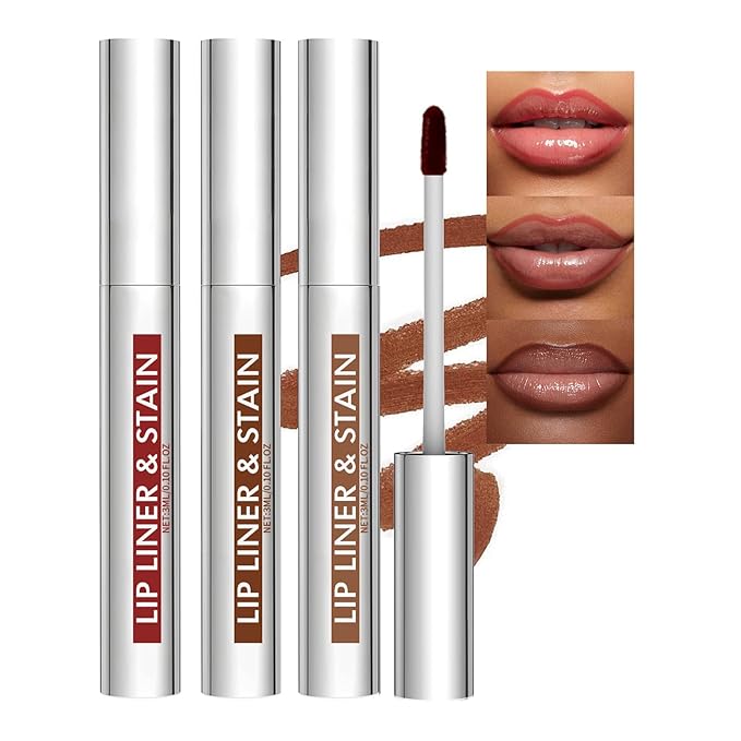 3Pcs Lip Liner, Matte Liquid Lipstick Nude Lip Gloss Waterproof Lip Tint Stain Non-stick Cup Peel Off Lipstick Lip Makeup for Women (Coffee & Cocoa & Rose)