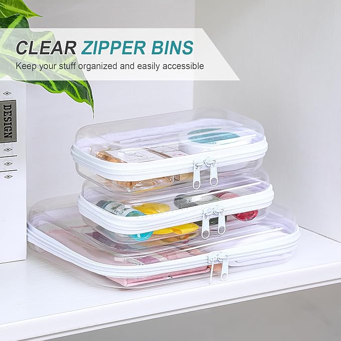 Hoolerry 3 Pcs Clear Hard Zipper Case Plastic Pouch Transparent Hard Case Clear Makeup Bag Portable Travel Organizer Bin for Cosmetics, Building Blocks, Puzzles(White,Mss)