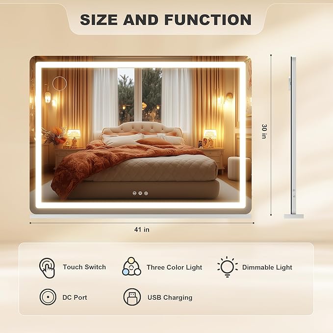 Hasipu Vanity Mirror with Lights, 41.3" x 30" LED Makeup Mirror, Lighted Makeup Mirror with Dimmable 3 Modes, Touch Screen Control Vanity Mirror Round White