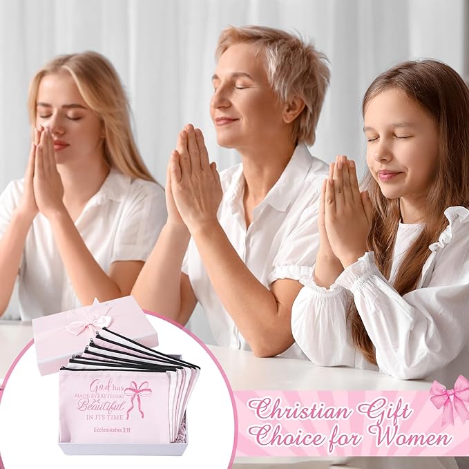 Hillban 36 Pcs Christian Gifts for Women Christian Pink Bow Makeup Bags Bible Verse Cosmetic Bag Inspirational Pencil Case with Zipper Coquette Bowknot Travel Organizer Pouch for Wedding Bachelorette
