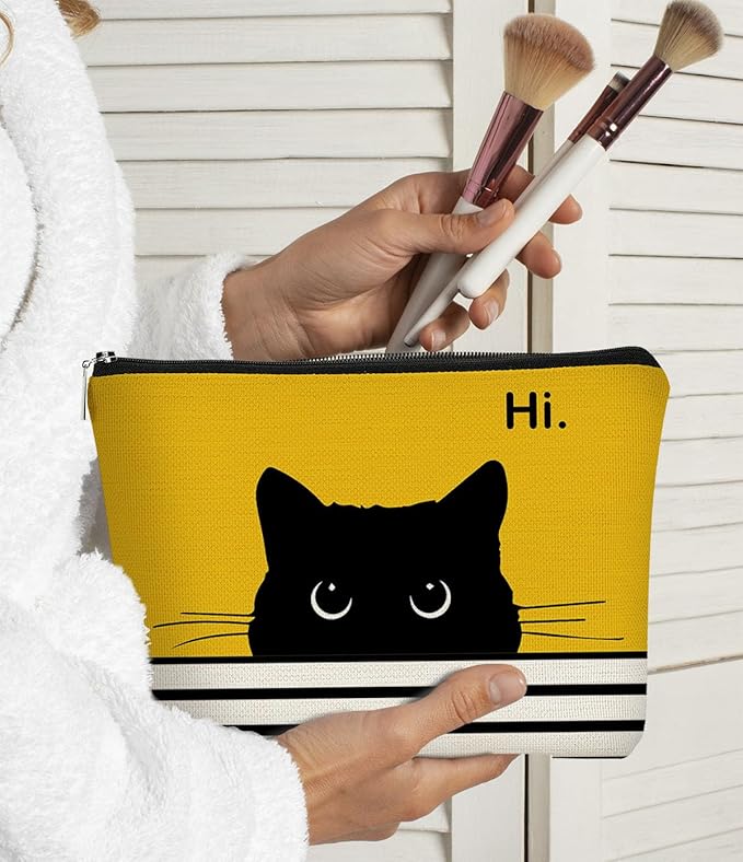 Cat Makeup Bag - Small Cute Cosmetic Bag for Women & Teen Girls - Birthday & Cat Lady Gifts (Black, Yellow)