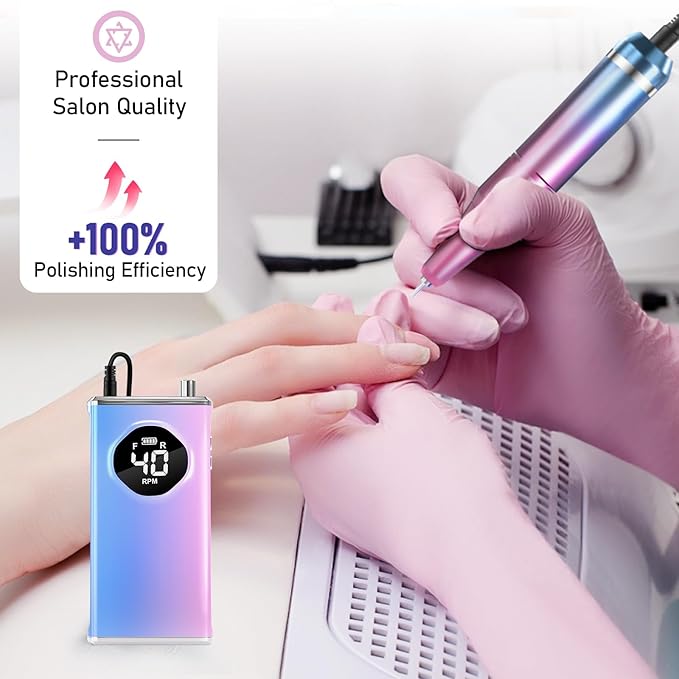 Electric Nail Drill File Professional 40000 RPM, Melodly Rechargeable Electric Nail File Machine Kit for Acrylic Gel Nails Polishing Removing, Portable Cordless Efile with Gold Bits Kit at Salon Home