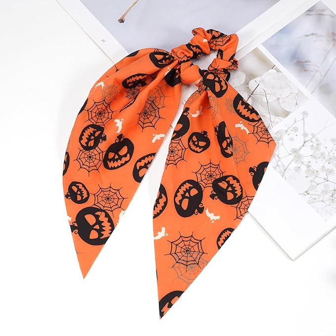 Halloween Hair Ties for Women Girls Spooky Spider Web Skeleton Bat Pumpkin Hair Scrunchies Black Orange Hair Tie Ribbon Hair Bows Hair Accessories