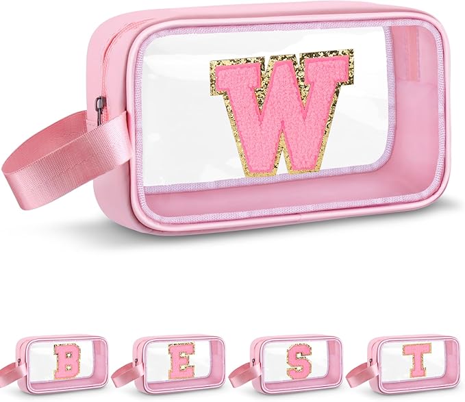 Initial Makeup Bag,Letter W Cute Clear Monogrammed Cosmetic Travel Bag for Womens Girls,Personalized Pink Aesthetic Traveling Make Up Organizer Bag for Beach,Waterproof Toiletry Bag