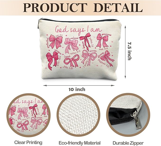 God Says I Am Pink Christian Makeup Bag, Coquette Pink Bow Preppy Cosmetic Bags for Women, Christian Gifts for Women, Faith Based Gifts, Coquette Preppy Bowknot Stuff Zipper Makeup Pouch