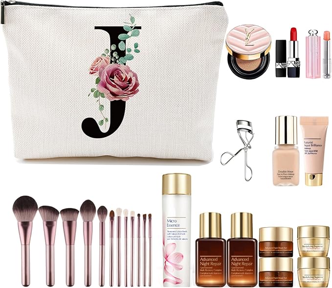 Initial A-Z Personalized Letter Makeup Bag, Monogrammed Bridesmaid Gifts/Presents Cosmetic Bag, Portable Stationery Storage Organizer Pouch, Friendship Love Travel Makeup Bags