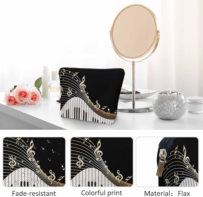 Women Makeup Organizer Bag Piano Music Notes Instrument Piano Flax Cosmetic Bag Makeup Bags Toiletry Bag Accessories Organizer Travel Bags For Home Bathroom Office Hotel Gym Black Golden