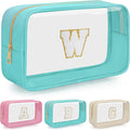 Personalized Initial Clear Makeup Bag, Travel Chenille Patch Cosmetic Bag, Preppy Toiletry Bag Monogram Cosmetic Pouch with Zipper, Ideal Gift for Teen Girls Women (Clear-Green, W)
