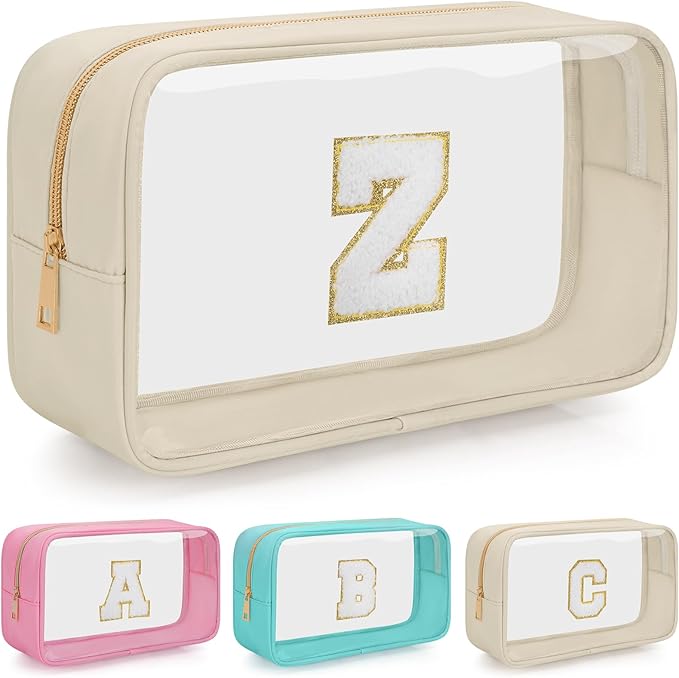 Personalized Initial Clear Makeup Bag, Travel Chenille Patch Cosmetic Bag, Preppy Toiletry Bag Monogram Cosmetic Pouch with Zipper, Ideal Gift for Teen Girls Women (Clear-Beige, Z)