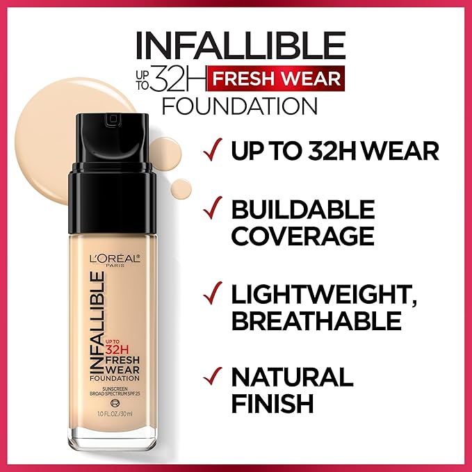 L'Oreal Paris Makeup Infallible Up to 32 Hour Fresh Wear Lightweight Foundation, 470 Radiant Honey, 1 Fl Oz, Packaging May Vary