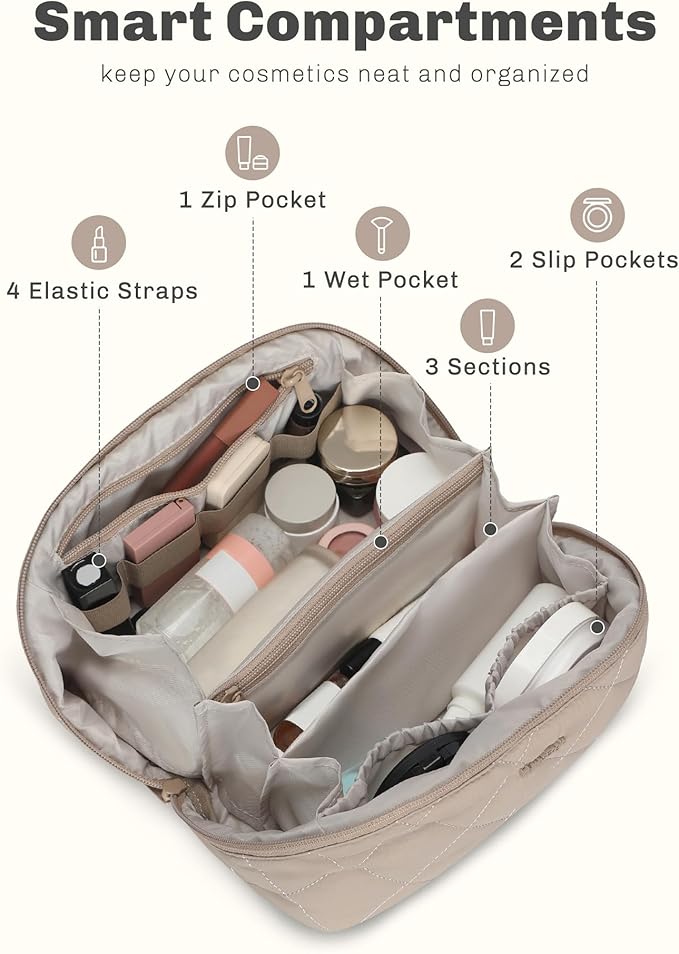 Hynes Eagle Travel Makeup Bag for Women Puffy Cosmetic Organizer Pouch Open Flat Toiletry Bag for Toiletries, Brushes Camel