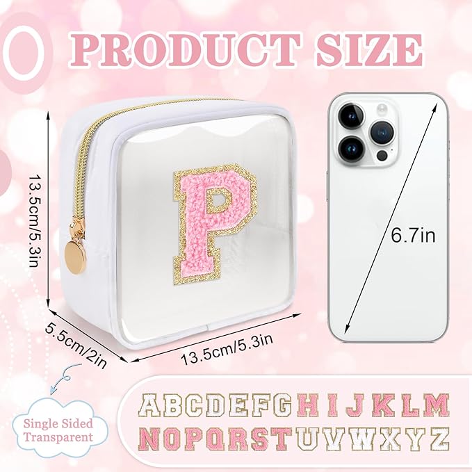 Mini Clear Personalized Initial Makeup Bag,Small Nylon Waterproof Zip Beach Cosmetic Pouch,Preppy A-Z Chenille Letter Patch Cute Coin Purse Travel Toiletry Bag Car Pack Bag for Women(White-Pink P)