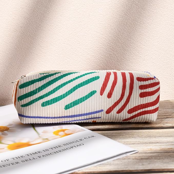 SOIDRAM Corduroy Cosmetic Bag - Large Capacity Makeup Pouch with Stripe Pattern and Makeup Brush Storage - Travel Toiletry Bag Organizer