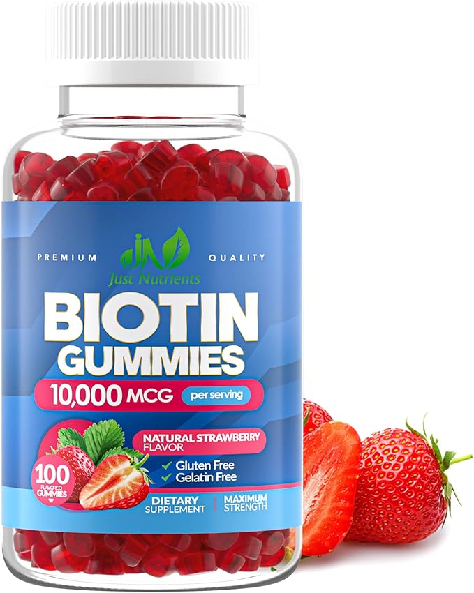 Biotin 10,000mcg Gummies for Women & Men (100 Count) - 2x Maximum Strength Biotin for Hair Growth, Skin & Nails - Gluten-Free, Vegan, Non-GMO, Great Tasting Strawberry Flavor - 100 Gummies